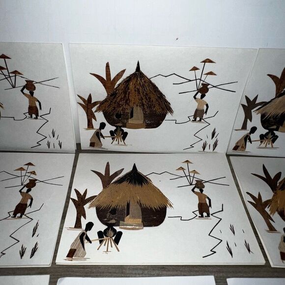Vintage Wood Cut Veneer Blank Cards Caribbean Handmade Set 10 4”X5.5” Ethnic - Picture 3 of 10